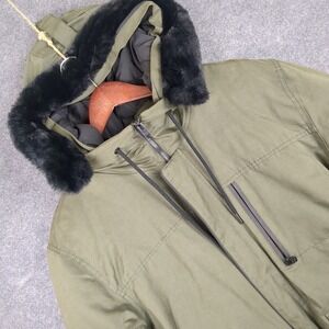 Zara Men Winter Parka Jacket Olive Green Faux Fur Hood Size L Made in Vietnam